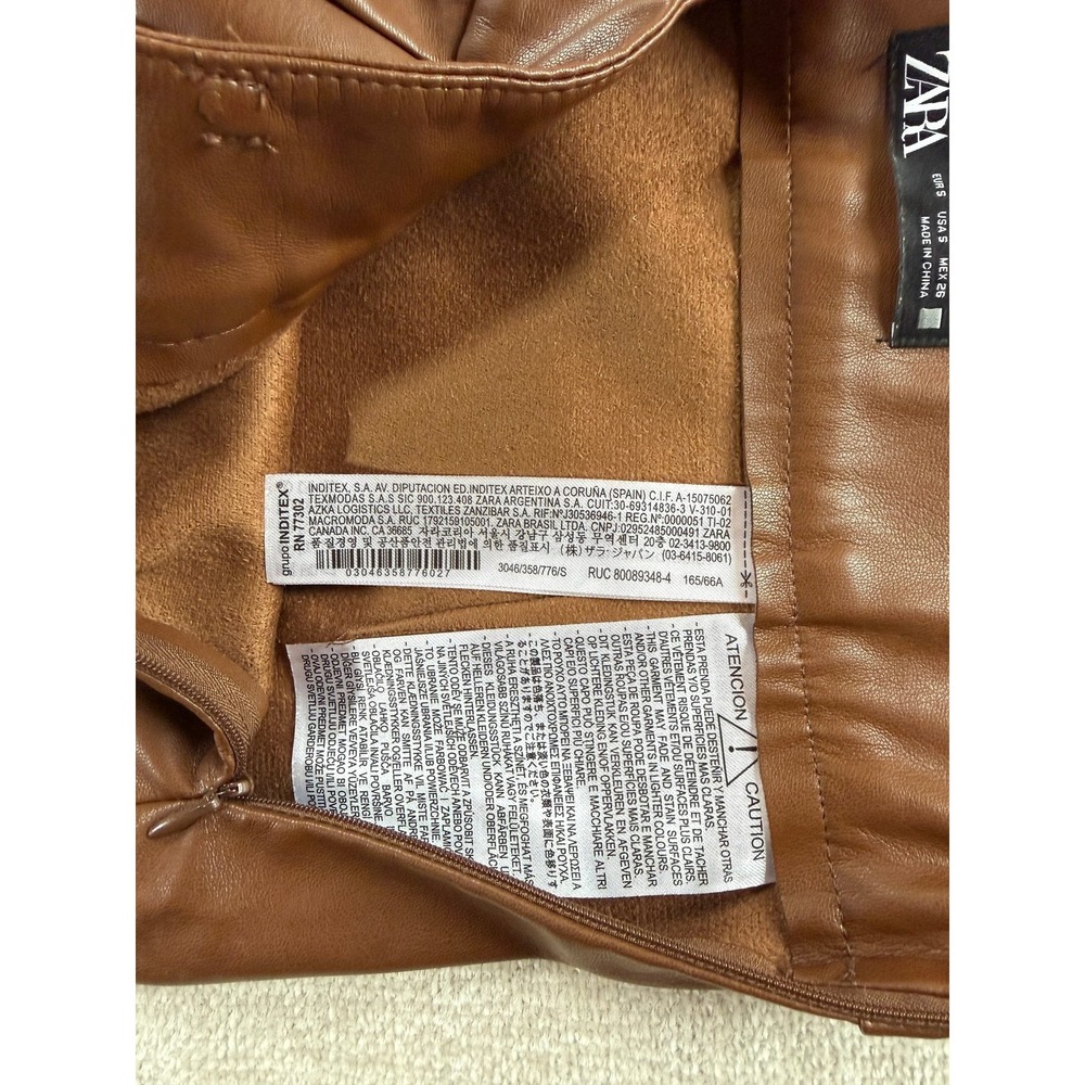 Zara Brown Pleated Tiered Mini Skirt Size S Cognac High Waisted Vegan Leather - Picture 7 of 13